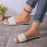 Women's fashionable flat sandals with artificial pearl and rhinestone decoration slippers