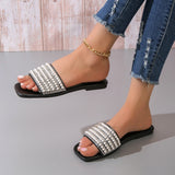 Women's fashionable flat sandals with artificial pearl and rhinestone decoration slippers