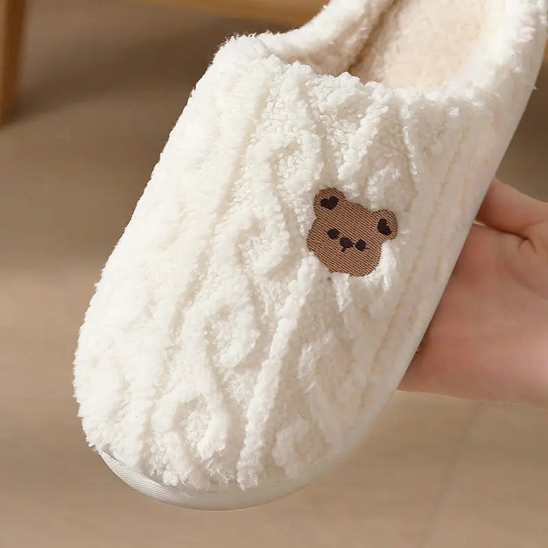 Winter Fluffy Shoes Women Cotton Slippers Cartoon Bear Thick Sole Warm Slides Men Female Couple House Indoor Plush Flat Shoes